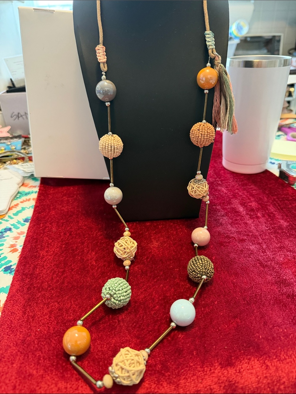 Like new but vintage Boho Multi-Bead Tassel Necklace - Pastel & Earth Tones